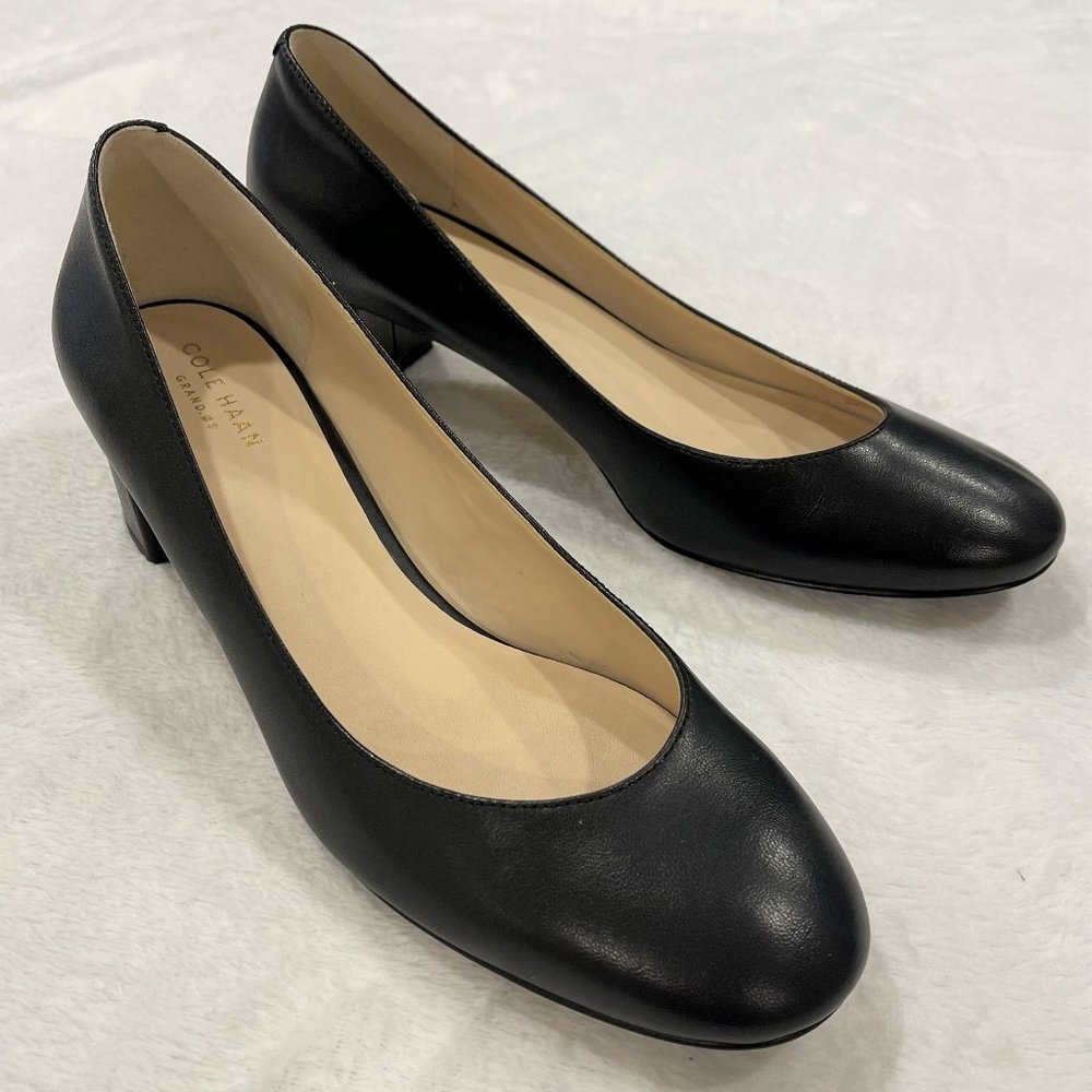 Cole Haan Grand OS Black Leather Pump Block Heel Round Toe Women’s Size 8.5 EUC